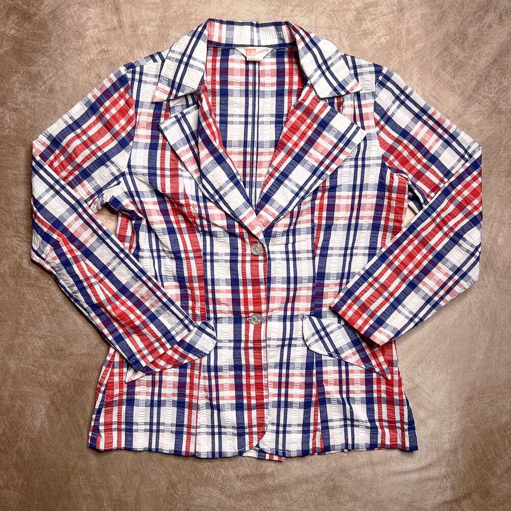 Vintage 70s Laura Mae Life Press Red White Blue Seersucker Plaid Blazer Jacket